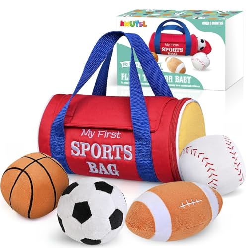 kmuysl baby toys 0-12 months my first sports bag plush toy - 4 sensory balls soft toys with crinkle rattles for 0-3-6-9-12 month newborn infant 1st birthday for babies boys girls age 1
