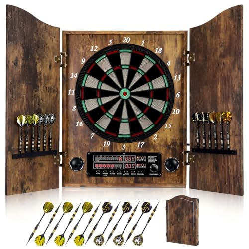 Yirinatek Electronic Dart Board, Decorative Dart Board Cabinet Set for Adults [12*Bronze Soft Tip Darts] [Cricket Game Mode]- Wooden Electric Dartboard Cabinet for Game Rooms - Vintage