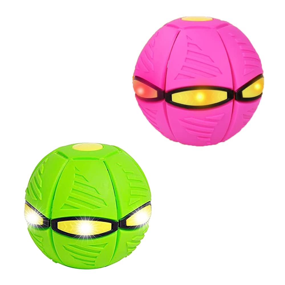 Inder 2Pieces UFO Magic Flying Ball with Led Light,Saucer Ball,Creative Flat Toy,Throw Disc Ball,Deformation Toy,2in1 Led Toy for kids,Boys,Girls Indoor,Outdoor,Garden,Beach Game (Pink&Green)