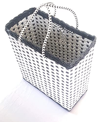 Image of Paperus, SMALL, COMPACT, White & Grey Lunch Bag, Carry Bag, Shopping Bag, Handbag, Tiffin Bag, Eco-friendly, Handmade, of Paper Ropes 11 In Tall 10 In Length 5 In Wide Base