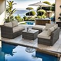 4 Piece Patio Furniture Set, All Weather Outdoor Rattan Wicker, Patio Sectional with Waterproof Cushions and Tempered Glass Coffee Table, outdoor furniture for Balcony, Backyard, Garden, Beige