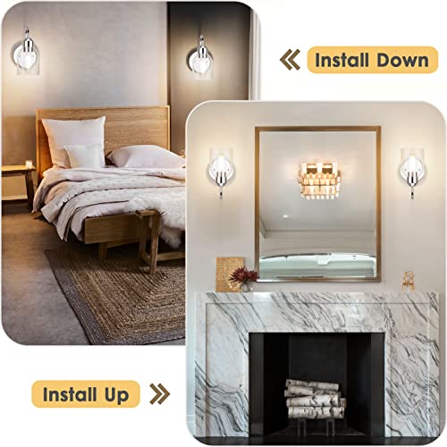 Image of Chrome Sconces Wall Lighting, Wall Sconces Set of 2, Modern Bathroom Vanity Light Fixtures, Farmhouse Metal Wall Lamp with Clear Glass Shade, Wall Mount Lights for Mirror Bedroom Hallway