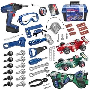 UCAMP 95 Piezas Herramientas Juguete con Taladro Eléctrico Juguete,Caja con Taladro, Motosierra, Destornillador y Coche de Carreras Montado – para Niños – Apto para Mayores de 3 Años
