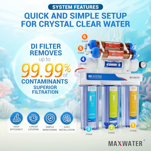 Image of Max Water 6 Stage Aquarium System /RO Water Filtration System with Deionization Filter RO Water Purifier 100 GPD Hydroponics RODI System (Clear Housing System with TDS Meter)