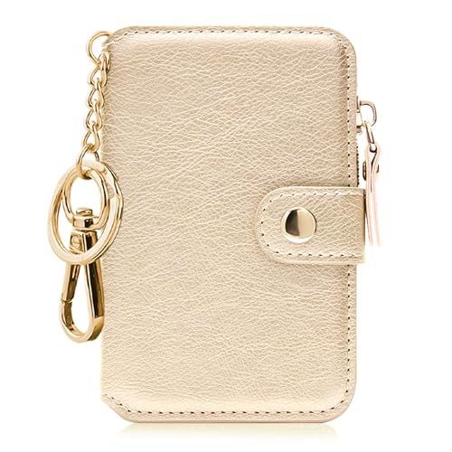 Image of Keychain wallet, Rfid Blocking Credit Card Holder Leather, Zipper Card Case for Women, Gold, Multi-function