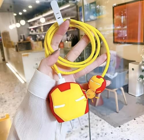 Image of INEFABLE Charger Case Cover Protector with 3D Cute Pattern for iPhone Charger only 18W & 20W, Data Charging Cable Wire Saver Protective Cable Cover Full Protection - Set Of 1 (Ironman)