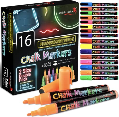 16 UV Fluorescent Neon Chalk Markers - Double Pack of Both Fine & Reversible Medium Tip Liquid Chalk Pens Wet Erasable Menu Boards Glass Whiteboards Mirrors Non-Porous Chalkboards Plastic Metal