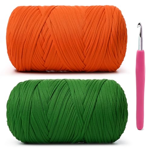 Image of 2 Pack Soft Tshirt Crochet Yarn, 800g /228yds High Elastic Hand Knitting Yarns, Thick T Shirt Yarn for Crocheting Bags, Baskets, Cushions, DIY Crafts(Orange + Grass Green)
