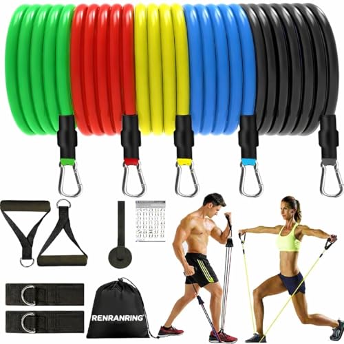 Image of RENRANRING Resistance Bands Set for Exercise, Stretching and Workout Toning Tube Kit with Foam Handles, Door Anchor, Ankle Strap and Carry Bag for Men, Women (11bands)