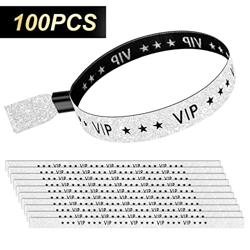 Image of 100 Pcs VIP Wristbands for Events, Premium Cloth Fabric Wrist Bands with Shimmering Lurex Jacquard Weaving, Adjustable Disposable Security Lock Bracelets for Festivals, Nightclubs and Party, Silver