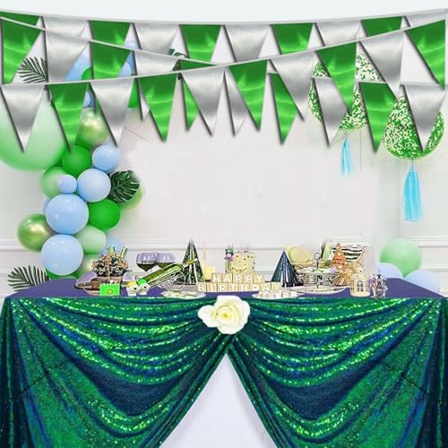 Image of 40M /130FT Green Silver Triangle Pennant Banner Flag Metallic Fabric Bunting Garland for Christmas Graduation Wedding Engagement Anniversary Bachelorette Birthday Bridal Shower Hen Party Supplies