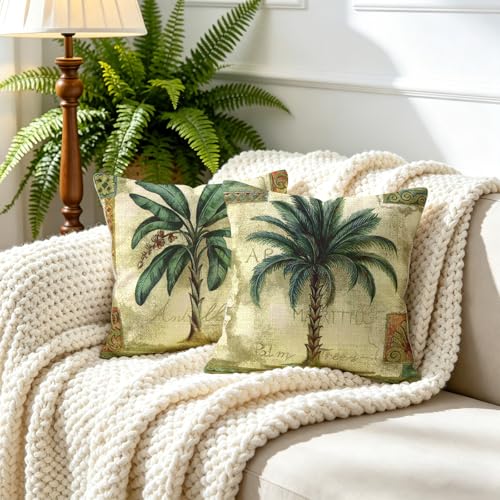 BREASOME Housse de Coussin 45x45 cm, Lot de 2 Housses de Coussin Palmier Vert Feuilles Tropicales Taie d'oreiller Décorative Carrée en Lin pour Canapé...