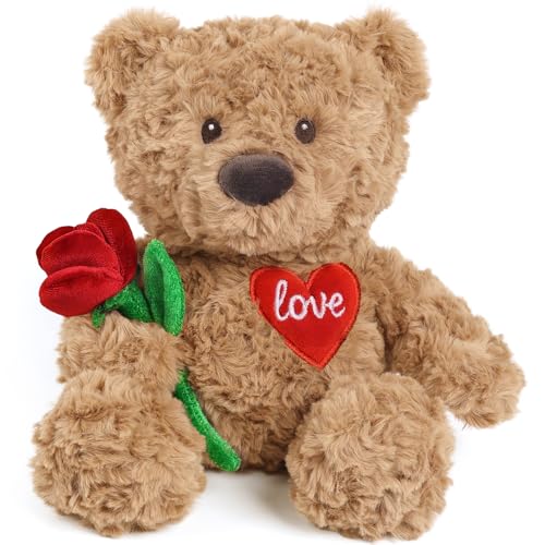 Valentines Day Gift for Her Women Girlfriend Wife, Teddy Bear Stuffed Animal with Rose and Love Heart, Microwavable & Weighted Stuffed Animal Plush...