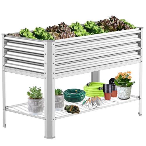 COATTOA Raised Garden Bed with Legs, Galvanized Raised Planter Box with Storage Shelf and Drainage Holes, 48×24×32 Inch Large Metal Garden Bed Kit for Balcony, Backyard, Patio Lasts for Years of Use.