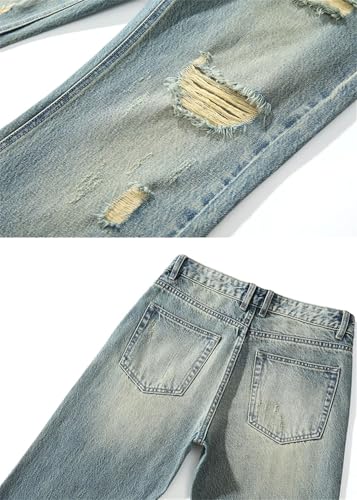 Men Streetwear Denim Pants Ripped Hollow Out Vintage Distressed Frayed Flared Jeans3