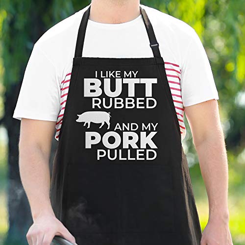 Funny Apron For Men - I Like My Butt Rubbed And My Pork Pulled - Adjustable Large 1 Size Fits All - Poly/Cotton Apron With 2 Pockets - Bbq Gift Apron For Father, Husband, Chef #TOP6