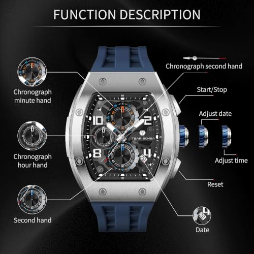 Image of TSAR BOMBA Men's Luxury Quartz Watch, Luminous Dial 5ATM Water Resistance Silicone Strap Men's Wristwatch Ideal Gift for Men