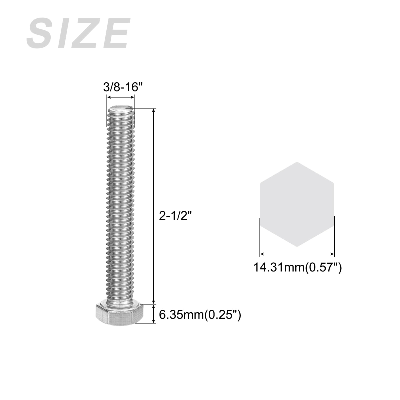 METALLIXITY Hex Head Bolts (3/8-16 x 2-1/2") 25Pcs, 304 Stainless Steel 18-8, Fully Threaded, External Hex Drive - Image 2