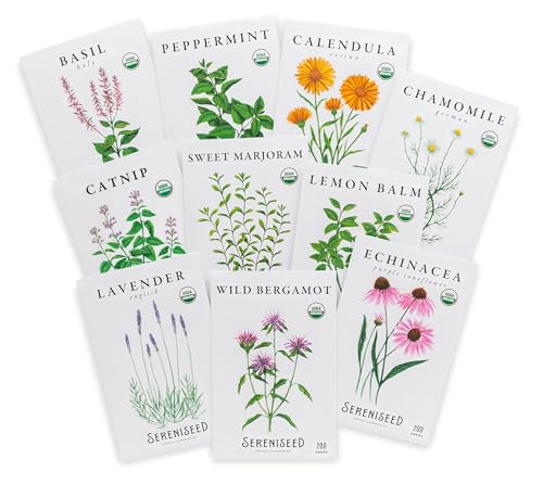 Sereniseed Certified Organic Herbal Tea Seed Collection (10-Pack) 100% Non GMO Open Pollinated Grow Guide