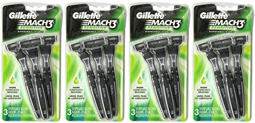Gillette Mach3 Men's Disposable Razor PCnIM, Sensitive, 4Units (3 Count Disposable Razor)