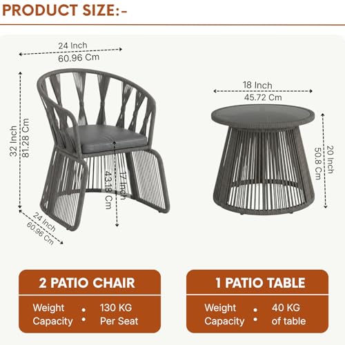 Image of DEVOKO Outdoor Rope 3-Piece Patio Furniture Set with Cushions & Glass Top Table, All-Weather Balcony Chairs Set for Garden & Lawn (Grey & Dark Grey)