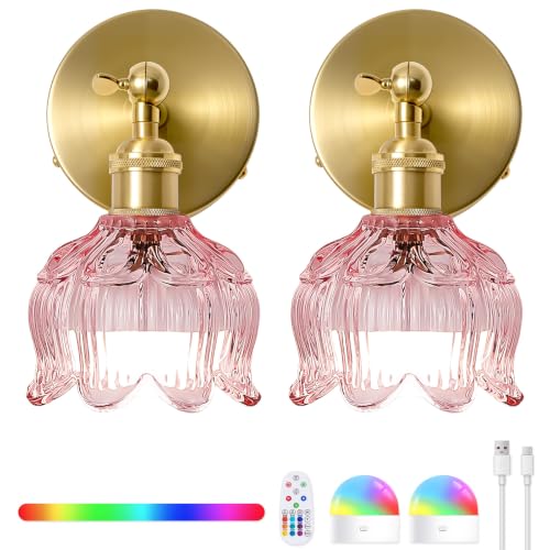 Image of Vintage Battery Operated Wall Sconce: Set of 2 Rechargeable Pink Sconce | 5000mAh Flower Glass Cordless Mounted Lighting, Wireless Dimmable Powered Light, Remote Control, Bedroom Bedside Indoor Decor