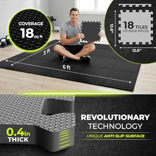 Image of bemaxx Gym Mats Set - 18 pcs EVA Interlocking Foam Floor Tiles (12.6 inchx12.6 inchx0.4 inch) 18sqft Protective Gym Flooring Sports Home Workout Exercise Mats Puzzle Garage Fitness Play-Room Pool Treadmill Bike