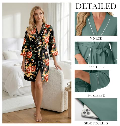 Image of PrinStory Womens Robe Knee Length Soft Knit Bathrobe S-2XL | V-Neck 3 /4 Sleeve Robes with Pockets, Lightweight, Breathable Bath Robe for Shower, Spa, Travel, Home, Party, Nursing