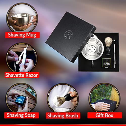 Silver Fox Shaving Scuttle Mug Kit - Shaving Bowl With Shavette, Shave Soap, Shave Brush, Stainless Steel Scuttle Shaving Mug, Keeps Your Lather Hot, Creamy Lather, Hot Shave At Home Daily, Great Gift #TOP2