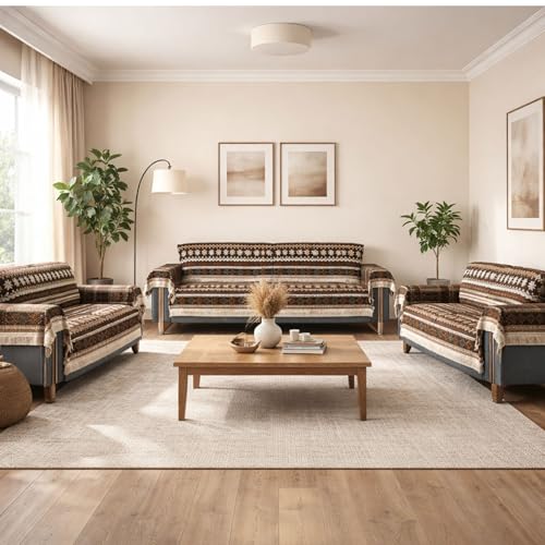 Image of Elegant Woven Brown Sofa Cover Soft Chenille Traditional Pattern with Lace Style | L-Shape Sectional Seat Protector for Living Room | Durable & Stylish Slipcover 7 Seater with Arms
