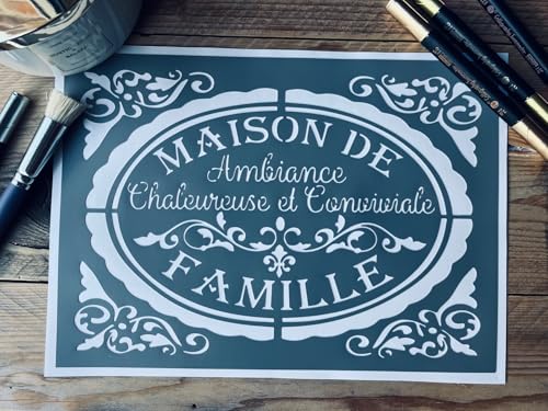 Pochoirsdeco.fr - Pochoir Vintage PVC Adhésif, Style Chic et Shabby, Réutilisable de 30 x 20 cm Maison de Famille, Fabrication Artisanale, Pour Tissus et...