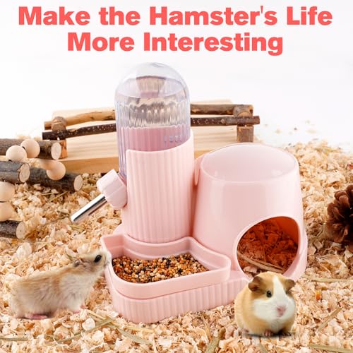 Image of 3 in 1 Multifunctional Hamster Water Bottle No Drip Gerbil 100ML Water Bottle Dispenser with Food Bowl Small Animal Auto Dispenser with Hideout Base Hamster Cage Accessories (Pink)