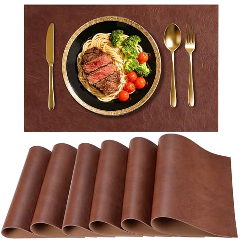 Faux Leather Placemats for Dining Table Set of 6, Edge-Sealed PU Leather Table Mats, Waterproof Heat Resistant Non-Slip Washable Placemats for Kitchen Table Decor (6pcsDark Brown)