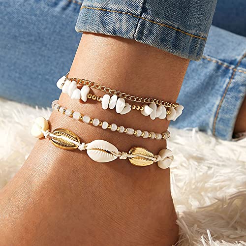 Image of Shell Bracelet Anklets For Women Boho Layered Shell Anklet Set Beaded Foot Chain Anklet Bracelets Adjustable Handmade Seashell Foot Chains Beach Jewelry Gift