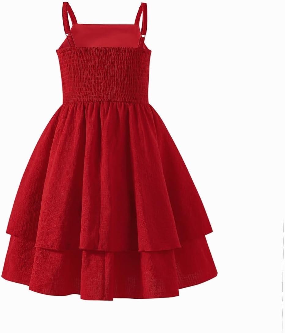 Girls Spaghetti Strap Dress Ruched Waist Layered Ruffle Hem Dress
