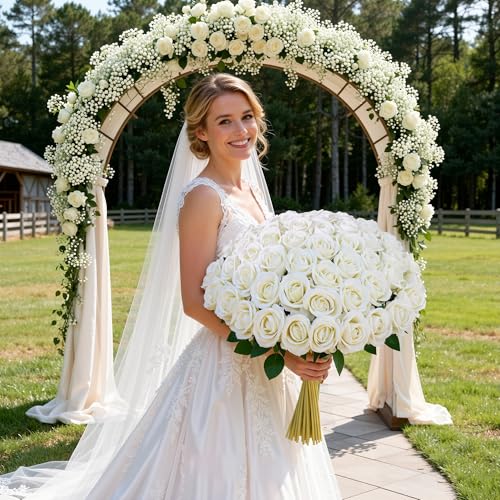 Image of 50 PCS Ivory Roses Artificial Flowers, Fake Roses with Stem Realistic Silk Roses for DIY Wedding Bouquets Tables Centerpieces Arrangements Baby Shower Birthday Home Decor Valentine's Day Gift for Her