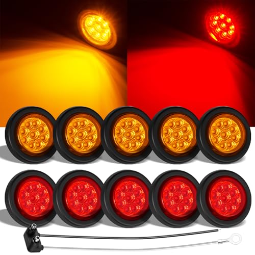 10 Pack (5 Amber & 5 Red) 2 inch LED Marker light Grommet Flush Mount Sealed IP67 Waterproof 2 inch Round LED Side Marker Clearance Lights with Reflective Lens for Trailer Truck RV Boat Camper etc