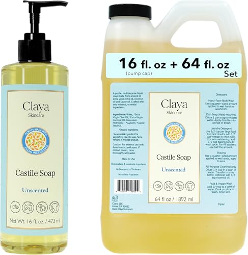 Image of Claya Unscented Liquid Castile Soap - Organic Ingredients, Biodegradable, Gentle for Sensitive Skin and Versatile Use (16 fl oz (Pump Cap) and 64 fl oz)
