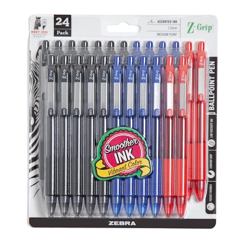Image of Zebra Pen Z-Grip Retractable Ballpoint Pen, Black, Blue, Red, 1.0mm, 24-Pk