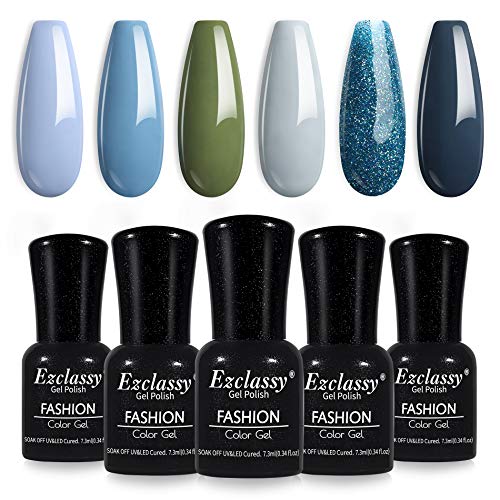 Ezclassy- 6 Colors Gel Nail Polish Set Grey and Nude Blue/Green Glitter Gel Polish Kit Soak Off Nail Gel Polishes Set Gel Nail Kit Gifts Box for Manicure Nail Art Salon, 7.3ml Each Bottle (Style 1)