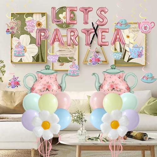 Image of Tea Party Decorations 26Pcs Macaron Balloons with LETS PARTEA Foil Balloon Banner, Teacups andTeapot Hanging Swirls for Floral Spring Birthday Mother's Day Talking Tables Tea Party Supplies