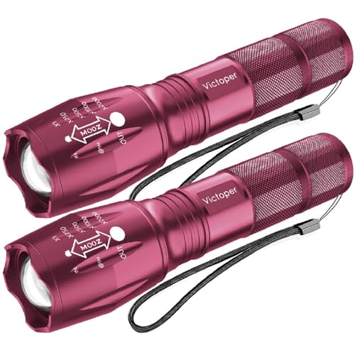 Image of Victoper LED Flashlight 2 Pack Pink, Bright Tactical Torch High Lumens 5 Modes, Waterproof Zoomable Flash Light for Outdoor, Birthday Gifts for Men, Dorm Room Hiking Camping Essentials Gear for Guys