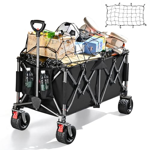 YEAUPE PRO XXXL Carrinho de praia rodas grandes 260 l/150 kg, travões duplos, rodas largas, estrutura reforçada, cabo ajustável, para praia e campismo, rede elástica incluída, preto carbono