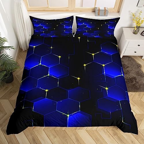 Blue Black Honeycomb Duvet Cover Queen, Geometry Honeycomb Comforter Cover for Kids Boys Girls Beehive Hexagon Bedding Set Geometric Honeycomb Bedspread Cover Durable Quilt Cover