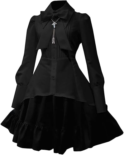 Women Gothic Plus Size Prom Dresses Tailored Collar Shirt Dress Medieval Bow Ties Round-Neck Retro Dress
