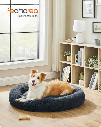 Feandrea Hundebett flauschig, Katzenbett, Donut Kissen, waschbar, Polsterung in der Mitte herausnehmbar, Langer Plüsch, 100 cm Durchmesser, dunkelgrau PGW042G02