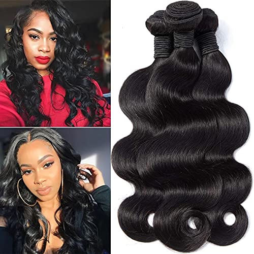 Huansheng Hair 100% Unprocessed Virgin Brazilian Human Hair Brazilian Body Wave 3 Bundles (16 18 18) Hair Extensions Grade Remy Human Hair Bundles Natural Black Color
