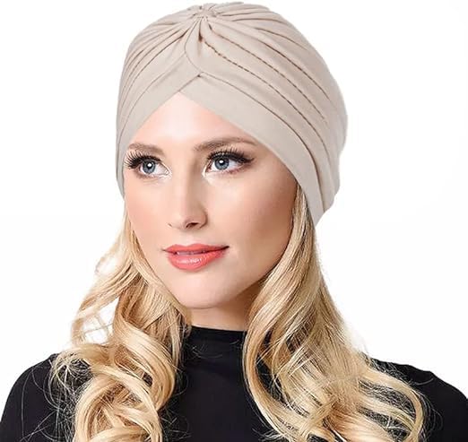 Stretch Turbans Head Beanie Cover Twisted Pleated Headwrap Hair Cover Beanie Hats for Women Girls (Beige)-image-21