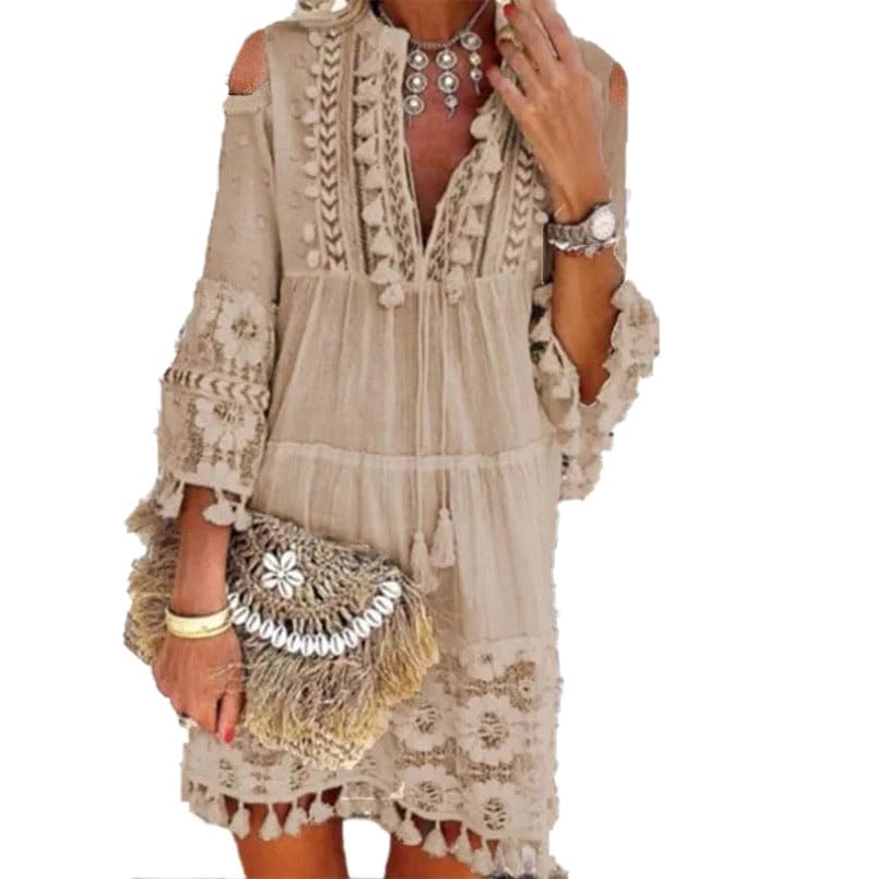 Damen Spitzenkleid Quaste V-Ausschnitt Solide Langarm Casual Outdoor Urlaub Boho Strandkleider