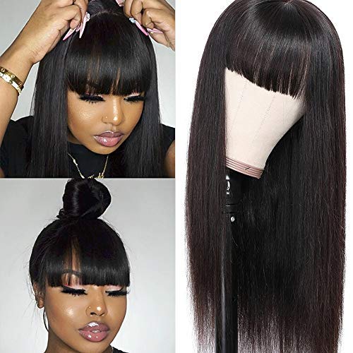 ERA Silky Brazilian Virgin Straight Human Hair Wigs with Bangs 150% Density None Lace Front Wigs Glueless Machine Made Natural Black Wigs for Black Women (26inch)
